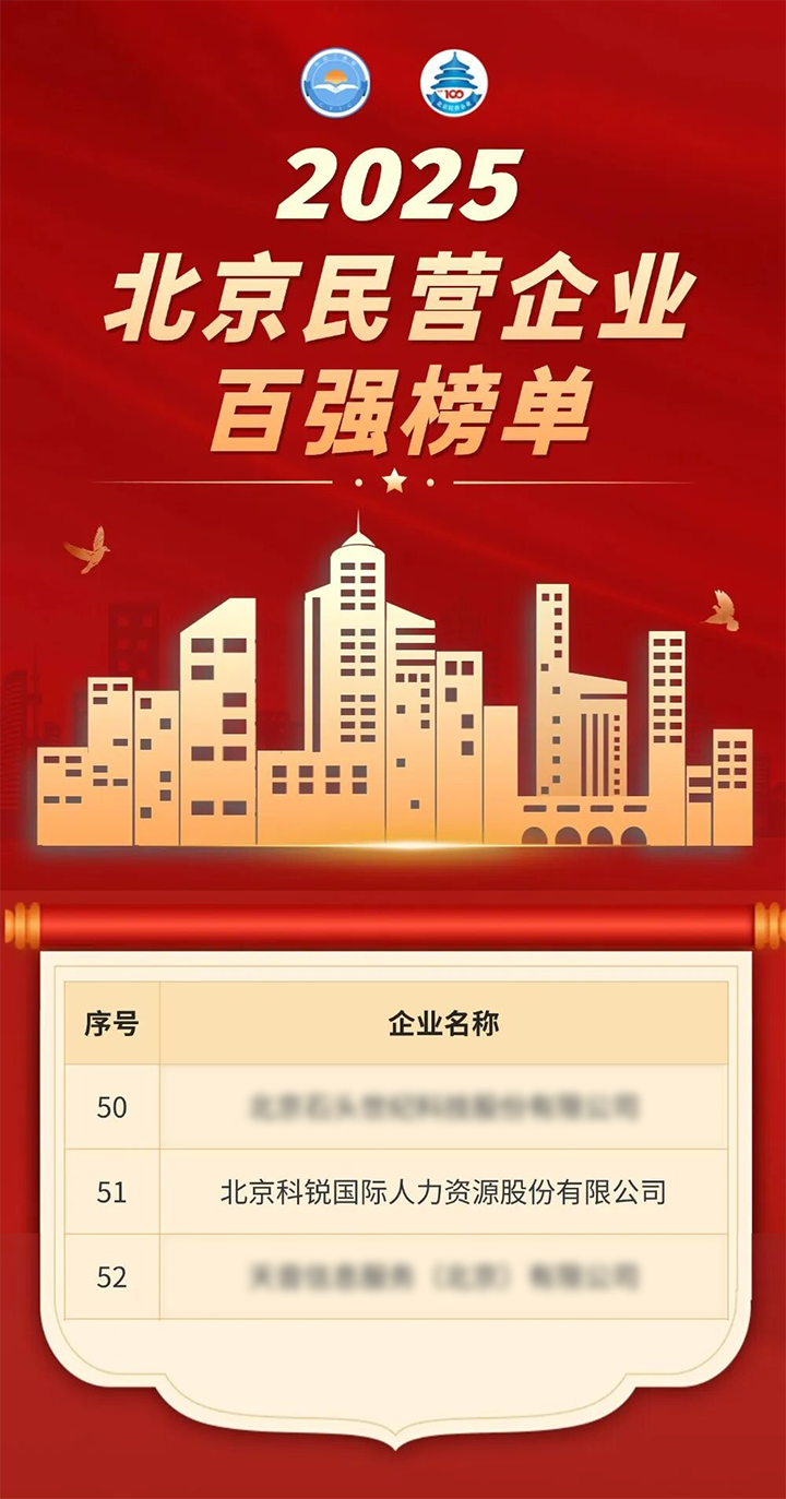 人力资源公司太阳成tyc234cctyc国际荣登北京市工商联发布的2025北京民营企业百强榜单